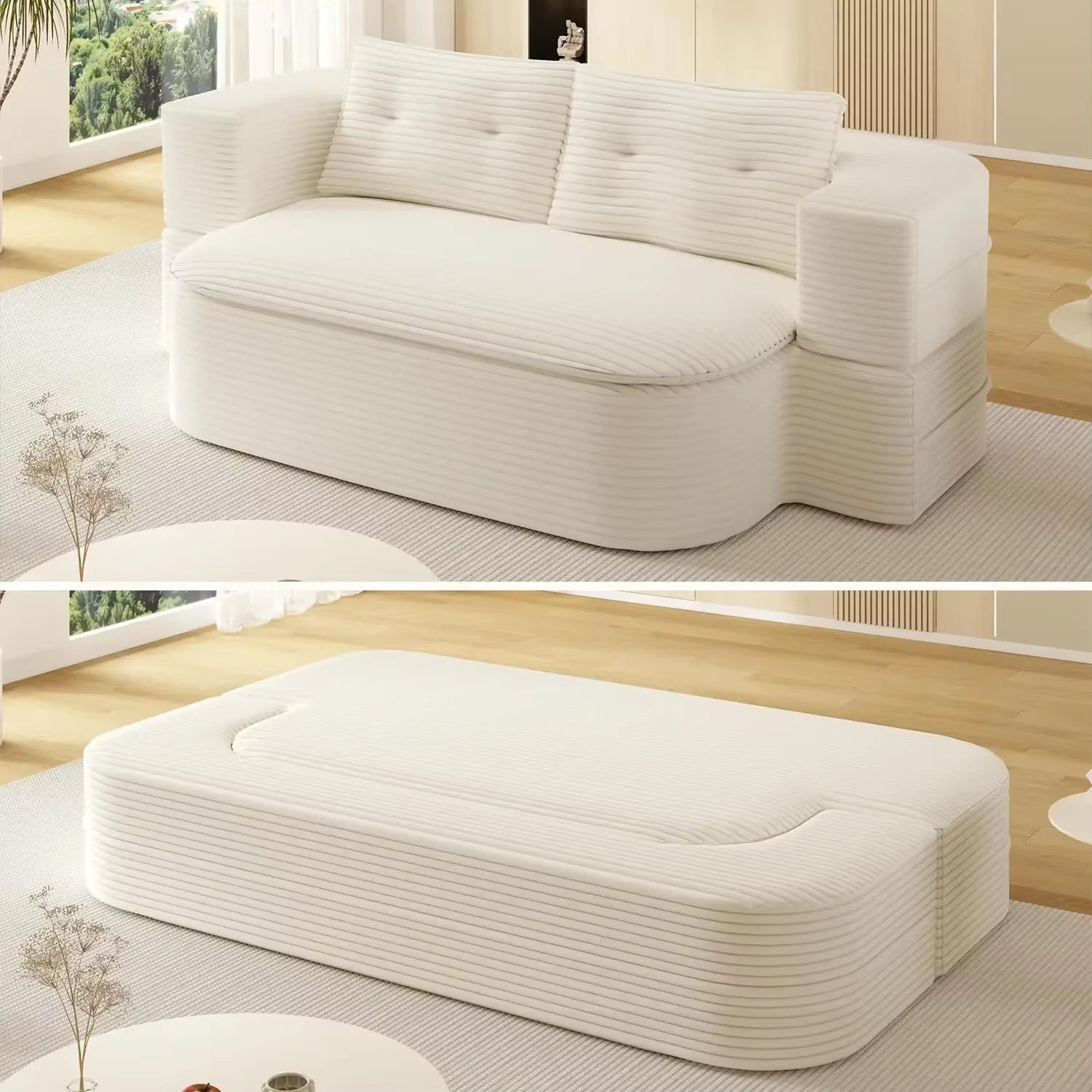 80\" King Size Convertible Sofa Bed Corduroy Chaise Lounge Loveseat with Cloud Mattress Folding Design for Extra Comfort