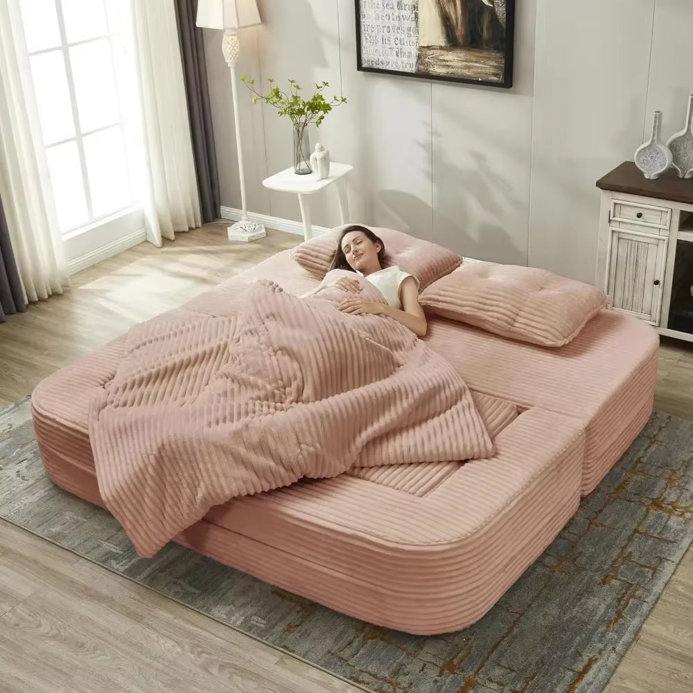 80\" King Size Convertible Sofa Bed Corduroy Chaise Lounge Loveseat with Cloud Mattress Folding Design for Extra Comfort