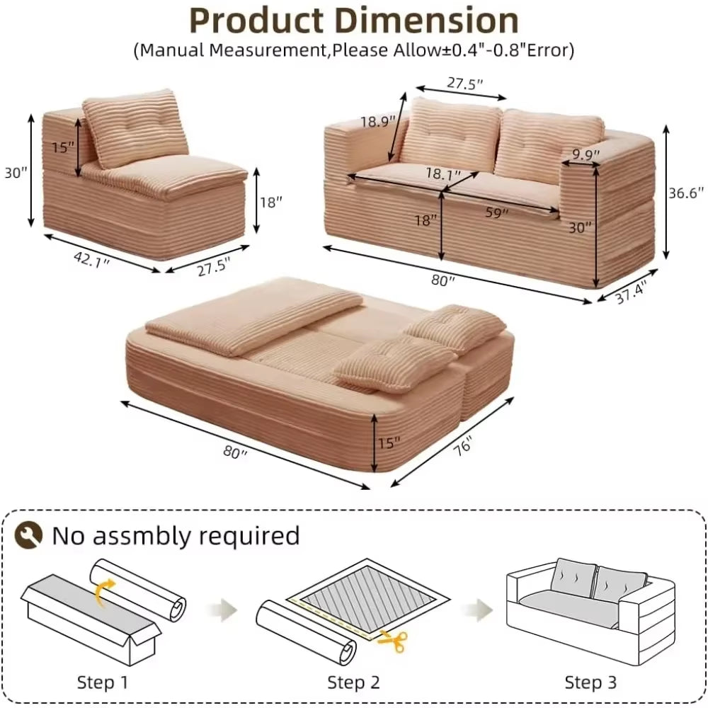 80\" King Size Convertible Sofa Bed Corduroy Chaise Lounge Loveseat with Cloud Mattress Folding Design for Extra Comfort