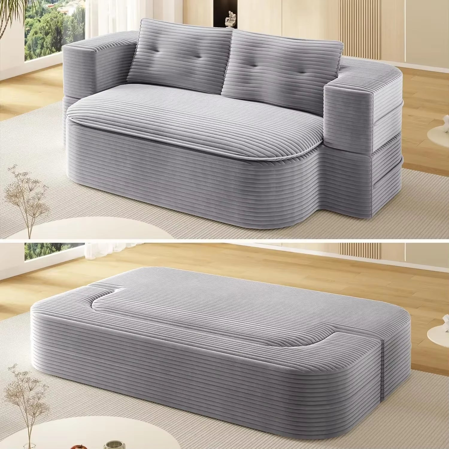 80\" King Size Convertible Sofa Bed Corduroy Chaise Lounge Loveseat with Cloud Mattress Folding Design for Extra Comfort