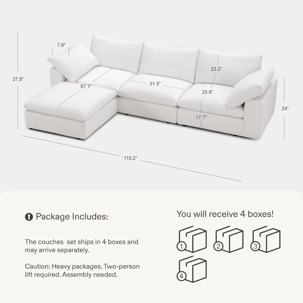 Modular Cloud Sofa, 110.2" Cloud Sectional Couches with Deep Seat, L-Shape 3-Seat Couch with Ottoman for Living Room